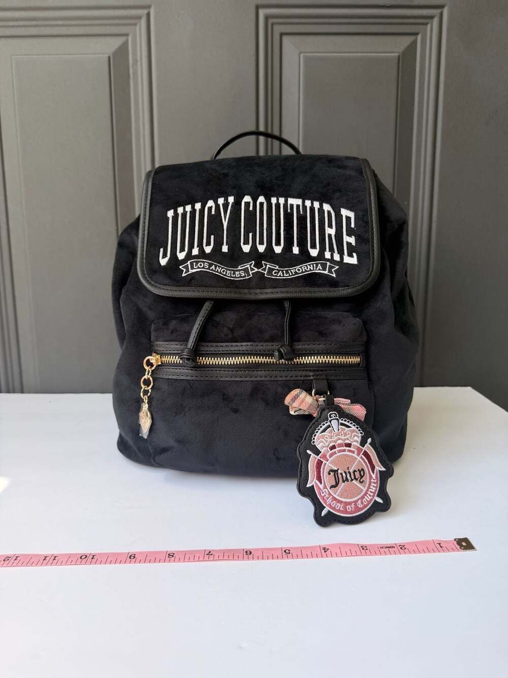 Juicy Couture BlackVelour Drawstring Backpack withLogo Embroidery&Heritage Charm